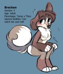 2022 anthro bird_dog black_nose black_text blue_background blue_eyes blush bracken_(tansydrawsnsfw) breasts brown_body brown_fur brown_hair canid canine canis character_name colored_sketch curled_tail digital_drawing_(artwork) digital_media_(artwork) domestic_dog english_text eyebrow_through_hair eyebrows featureless_breasts female flat_colors fox freckles fur grey_body grey_fur hair handpaw hindpaw hunting_dog hybrid mammal model_sheet one_ear_up paws pink_blush simple_background sitting sketch snout solo spaniel stated_adult stated_age tail tan_body tan_fur tansydrawsnsfw text translucent translucent_hair white_ruff