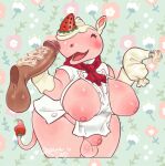 2023 animal_crossing anthro apron areola balls big_areola big_breasts big_nipples blush body_blush breast_blush breasts brown_body brown_skin chef_uniform clothed clothing disembodied_penis erection exposed_breasts eyes_closed facial_horn female food food_fetish food_play foreskin fruit genitals glistening glistening_body grapeyguts gynomorph hooves horn icing intersex male mammal merengue_(animal_crossing) nintendo nipples overweight overweight_female partially_clothed penis pink_areola pink_body pink_nipples plant rhinoceros scarf signature simple_background smile solo strawberry tail thick_thighs