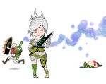  2boys bandages bottle broken broken_sword broken_weapon chibi face_down geppon gloves goggles hat league_of_legends looking_at_viewer lying multiple_boys poison red_eyes riven_(league_of_legends) running shield silver_hair singed sword teemo weapon yordle 