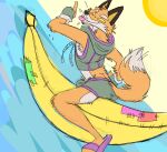 2022 absurd_res anthro banana biped bulge canid canine clothed clothing digital_drawing_(artwork) digital_media_(artwork) dipstick_tail epic_games fennix_(fortnite) flip_flops food footwear fortnite fox fruit fur heavensmile hi_res inflatable looking_back male mammal markings multicolored_tail orange_body orange_fur outside plant red_fox sandals sharp_teeth solo sun tail tail_markings teeth tongue tongue_out underwear water white_body white_fur yellow_eyes