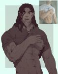  1boy abs baldur&#039;s_gate baldur&#039;s_gate_3 bara bare_pectorals brown_hair clothes_lift dark-skinned_male dark_skin dungeons_and_dragons elf hairy halsin highres large_pectorals lifted_by_self looking_at_viewer maison_(6_maison_6) male_focus mature_male medium_hair muscular muscular_male navel nipples parted_lips pectorals photo-referenced pointy_ears reference_inset shirt_lift solo sparse_arm_hair sparse_chest_hair thick_eyebrows two-tone_background undressing upper_body 