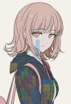  1girl animal_bag black_jacket brown_hair cat_bag closed_mouth danganronpa_(series) danganronpa_2:_goodbye_despair highres hood hood_down hooded_jacket jacket medium_hair nanami_chiaki neck_ribbon open_clothes open_jacket pink_bag pink_eyes pink_ribbon ribbon simple_background smile solo spaceship_hair_ornament upper_body vo1ez 