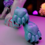 1:1 3d_(artwork) absurd_res anthro bed bedroom blender_(software) blender_cycles blue_body blurred_background breasts claws clothing digital_media_(artwork) feet female fish foot_focus furniture glistening glistening_body hair hi_res latex latex_clothing latex_underwear lilly_the_candy_shark marine markings neon_lights nissiko paws purple_hair red_eyes red_markings seductive shaded shark simple_background soft_shading solo solo_focus tail underwear vrchat white_body