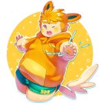  1boy animal_ears blush bulge cropped_legs furry furry_male highres hood hoodie male_focus mouse_boy mouse_ears mouse_tail one_eye_closed open_mouth orange_hair orange_hoodie pawmi personification plump pokemon reaching reaching_towards_viewer short_hair short_shorts shorts smile solo tail thick_eyebrows yunosuke 