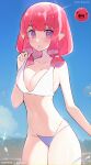  1girl absurdres bikini bikini_top_lift blue_sky breasts cleavage clothes_lift cloud collarbone copyright_name cowboy_shot day hand_up highres large_breasts lifted_by_self medium_hair outdoors personification pink_hair pink_slime_(slime_rancher) pointy_ears purple_eyes reference_inset reiko_lape sky slime_rancher solo swimsuit thighs twitter_username 