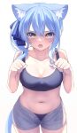  1girl absurdres animal_ear_fluff animal_ears aoi_zerii bare_shoulders blue_eyes blue_hair blue_ribbon blush breasts cat_ears cat_girl cat_tail cleavage collarbone hair_between_eyes hair_ribbon highres hololive hoshimachi_suisei looking_at_viewer medium_breasts medium_hair navel open_mouth ribbon side_ponytail star_(symbol) star_in_eye symbol_in_eye tail thighs virtual_youtuber 