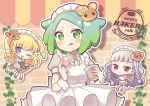  3girls apron blonde_hair blunt_bangs braid character_hair_ornament character_name chibi chuppe closed_mouth commentary_request copyright_name cowboy_shot cup dress food food_on_face frilled_apron frills green_eyes green_hair grey_dress grey_hair hair_ornament highres holding holding_cup holding_food idol_time_pripara koda_michiru kokichi_yoko long_hair looking_at_viewer maid_headdress miichiru_(pripara) multiple_girls nijiiro_nino one_eye_closed open_mouth outline pitsuji pretty_series pripara puffy_short_sleeves puffy_sleeves punicorn purple_eyes red_eyes ringlets short_hair short_sleeves smile standing tongue tongue_out twin_braids two_side_up very_long_hair wavy_hair white_apron white_outline yumekawa_yui 