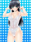  adjusting_clothes adjusting_swimsuit bad_id bad_pixiv_id black_hair blush breasts cleavage covered_navel cowboy_shot flower green_eyes hair_flower hair_ornament highleg highleg_swimsuit highres large_breasts long_hair looking_at_viewer navel one-piece_swimsuit parted_lips polka_dot polka_dot_background saten_ruiko see-through sen_(sansui) shiny shiny_skin solo strap_lift swimsuit swimsuit_pull to_aru_kagaku_no_railgun to_aru_majutsu_no_index white_swimsuit 