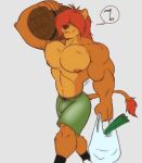 anthro barrel big_muscles clothing felid food footwear fur hair hair_over_eye hi_res lion lube male mammal multicolored_body multicolored_fur muscular muscular_male musical_note nipples one_eye_obstructed onion pantherine pecs plant red_hair shirtless shoes socks solo tail teer todd_(joelasko) two_tone_body two_tone_fur vegetable
