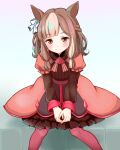  1girl animal_ears brown_eyes brown_hair character_request closed_mouth dress gradient_background hair_ornament hair_ribbon horse_ears horse_girl long_hair looking_at_viewer multicolored_hair red_dress red_thighhighs ribbon saburouta_(hox-666) sitting smile solo thighhighs two-tone_hair umamusume white_background 