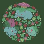  adobe_illustrator animal_focus berry_(pokemon) bright_pupils bulbasaur cheri_berry claws closed_mouth evolutionary_line flower green_background highres ivysaur no_humans no_lineart nostrils open_mouth oran_berry pecha_berry pink_flower pokemon pokemon_(creature) red_eyes red_flower simple_background ty929 venusaur white_flower white_pupils 