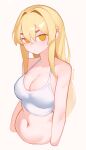  1girl artist_name axolloid blonde_hair breasts camisole cleavage closed_mouth crop_top cropped_torso expressionless highres large_breasts long_hair looking_at_viewer navel original simple_background solo stomach strap_gap white_background white_camisole yellow_eyes 