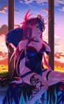  1girl absurdres aduti_momoyama blue_dress breasts cloud commentary_request detached_sleeves dress fire_emblem fire_emblem_engage fishnet_thighhighs fishnets foot_out_of_frame halterneck highres ivy_(fire_emblem) large_breasts long_hair parted_lips purple_eyes purple_hair short_sleeves sitting sleeveless sleeveless_dress solo thighhighs thighs very_long_hair 