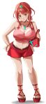  1girl absurdres bag breasts brown_eyes cleavage crop_top earrings full_body handbag highres jewelry kenichiart large_breasts midriff navel necklace ponytail pyra_(xenoblade) red_hair red_shorts short_hair shorts solo tiara xenoblade_chronicles_(series) xenoblade_chronicles_2 