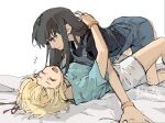  2girls arms_around_neck black_hair black_shirt blonde_hair blue_shirt chinese_commentary closed_eyes closed_mouth commentary_request girl_on_top hair_ribbon inoue_takina laughing long_hair lycoris_recoil lying medium_hair multiple_girls nishikigi_chisato on_back on_bed open_mouth overalls purple_eyes red_ribbon ribbon shirt short_sleeves shorts simple_background smile white_background white_shorts yanlingjinshilihuahua yuri 