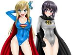  bad_id bad_pixiv_id batman batman_(cosplay) black_hair blonde_hair blue_eyes blue_leotard boku_wa_tomodachi_ga_sukunai breasts bug butterfly butterfly_hair_ornament cape cleavage cosplay covered_navel dc_comics fang gloves grey_leotard hair_ornament highleg highleg_leotard highres insect kashiwazaki_sena large_breasts leotard long_hair mikazuki_yozora multiple_girls purple_eyes sen_(sansui) short_hair skin_tight superman superman_(cosplay) superman_(series) superwoman 