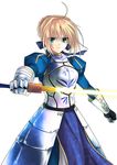  ahoge armor armored_dress artoria_pendragon_(all) bad_id bad_pixiv_id blonde_hair dress excalibur fate/stay_night fate_(series) gauntlets green_eyes hair_ribbon ribbon saber solo sword ty_1865 weapon 