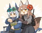  2girls animal_ear_fluff animal_ears arknights backpack bag black_shirt blue_jacket blush book bookmark brown_gloves brown_hair chibi commentary_request cowboy_shot demon_girl demon_horns demon_tail excited eyewear_on_head flower flower-shaped_eyewear fox_ears fox_girl fox_tail franka_(arknights) gloves grey_hair grey_shirt hair_flower hair_ornament hibiscus highres holding holding_book horns jacket konno_akikaze liskarm_(arknights) long_hair looking_down multiple_girls nervous open_mouth orange_eyes red_flower shirt short_hair simple_background smile suitcase sunglasses tail twitter_username watch wristwatch yellow_background yellow_eyes 