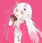  1girl :d candy chocolate clothes_writing english_text fangs food grey_hair hand_up heart heart-shaped_chocolate holding holding_food hololive horns jacket long_hair long_sleeves looking_at_viewer lunacats nakiri_ayame oni pink_background pink_jacket pointy_ears puffy_long_sleeves puffy_sleeves red_eyes shirt simple_background smile solo text_background track_jacket very_long_hair virtual_youtuber white_shirt 