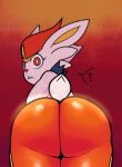 absurd_res anthro biped butt cinderace english_text female frown fur generation_8_pokemon ghozt hi_res looking_at_viewer looking_back looking_back_at_viewer nintendo orange_body pokemon pokemon_(species) rear_view red_background red_eyes simple_background solo text white_body white_fur