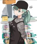  1girl alternate_costume apron baseball_cap black_apron black_headwear clothes_writing commentary_request cowboy_shot green_eyes green_hair grey_shirt grin hat kantai_collection long_hair masukuza_j ponytail shirt smile solo suzuya_(kancolle) 