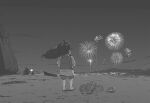  1girl animal backpack bag beach child commentary cowboy_hat crab crustacean english_commentary fireworks floating_hair from_behind full_body greyscale hat lobster long_hair monochrome mountainous_horizon new_year night night_sky original outdoors shirt shore short_sleeves shorts sky solo standing tyrone 