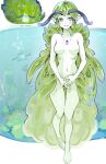 1girl antennae bare_shoulders barefoot blush breasts brooch bubble colored_skin commentary covering_privates english_commentary english_text fangs fish grass green_hair green_skin grey_eyes highres jewelry long_hair looking_at_viewer milka_(milk4ppl) monster_girl navel no_nipples nude original pointy_ears ribs slug_girl small_breasts solo standing stomach tentacle_hair underwater very_long_hair white_background 
