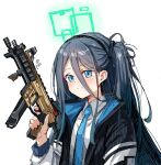 1girl absurdly_long_hair aris_(blue_archive) black_hair black_hairband blue_archive blue_eyes blue_necktie blush chubb closed_mouth collared_shirt dated green_halo gun hairband halo highres holding holding_gun holding_weapon jacket long_hair long_sleeves necktie one_side_up open_clothes open_jacket shirt signature simple_background smile solo upper_body very_long_hair weapon white_background white_jacket white_shirt 