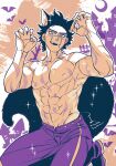  1boy animal_ear_fluff animal_ears bat_(animal) black_hair crescent_moon fangs fingernails golden_kamuy groin halloween hands_up highres kemonomimi_mode kneeling limited_palette looking_at_viewer male_focus moon nipples open_mouth orange_background orange_eyes pants purple_background purple_pants scar scar_on_arm scar_on_face scar_on_stomach sharp_fingernails solo sparkling_aura sugimoto_saichi tail toned toned_male too_many_scars topless_male tsuruko_turuta werewolf wolf_boy wolf_ears wolf_tail 