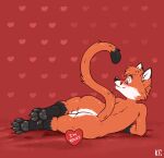 absurd_res anthro balls blush butt canid canine domestic_cat eyewear felid feline felis flirting fox fur genitals hi_res holidays hybrid katxfish lying male mammal orange_body orange_fur paws raised_tail rear_view red_fox simple_background smile solo tail valentine&#039;s_day