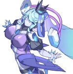  1girl armor azure_striker_gunvolt blue_eyes blue_hair breasts crown gunvolt_chronicles_luminous_avenger_ix hail_(gunvolt) headgear huanxiang_huifeng large_breasts light_blue_hair looking_at_viewer power_armor short_hair simple_background white_background 