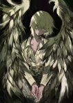  12anchovy 1girl absurdres black_background blonde_hair blood blood_on_hands chimera closed_mouth collarbone collared_shirt dungeon_meshi falin_thorden falin_thorden_(chimera) feathered_wings hair_between_eyes head_tilt highres long_sleeves looking_at_viewer monster_girl own_hands_together painterly shirt short_hair sitting solo wings yellow_eyes yellow_shirt yellow_wings 