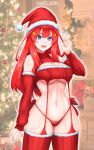  1girl blue_eyes breasts christmas_tree cleavage cleavage_cutout clothing_cutout cowboy_shot cowlick cropped_sweater fur-trimmed_thighhighs fur_trim go-toubun_no_hanayome hair_ornament hat highres imrinzlergtz_art looking_at_viewer medium_breasts meme_attire nakano_itsuki navel panties red_hair red_headwear red_panties red_sweater red_thighhighs santa_hat solo spanish_commentary star_(symbol) star_hair_ornament sweater thighhighs underwear v virgin_destroyer_sweater 