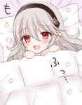  1girl :d black_hairband blush chibi corrin_(female)_(fire_emblem) corrin_(fire_emblem) emphasis_lines fire_emblem fire_emblem_fates grey_hair hair_between_eyes hairband hands_up highres kirishima_riona long_hair looking_at_viewer pillow pink_background pointy_ears red_eyes simple_background smile solo under_covers 