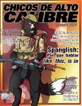 anthro black_body black_fur bottomless canid canine canis clothed clothing covering fur gun hi_res looking_at_viewer male mammal military_uniform pinup pose ralexia ranged_weapon smile smiling_at_viewer solo spanish_text suggestive sydney_onmars text translation_check translation_request uniform weapon wolf