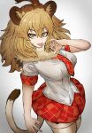  1girl absurdres adeshi_(adeshi0693119) animal_ears brown_eyes brown_hair extra_ears grey_background highres kemono_friends lion_(kemono_friends) lion_ears lion_girl lion_tail long_hair looking_at_viewer necktie scarf shirt simple_background skirt solo tail thighhighs 