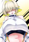  black_sports_bra blonde_hair breasts clothing_cutout crop_top crop_top_overhang cropped_sweater cutoffs elegg_(nikke) goddess_of_victory:_nikke hair_intakes hair_over_eyes huge_breasts light_blush multicolored_hair navel projected_inset shirogane_(cufsser) shorts shoulder_cutout simple_background sports_bra suspender_shorts suspenders tongue tongue_out two-tone_hair upper_body 