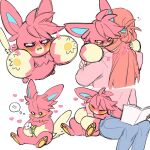 &lt;3 clem_(picco) duo embrace feral flower generation_9_pokemon hair hi_res hug human japanese_text male mammal nintendo pawmot picco_(artist) pink_body pink_hair plant pokemon pokemon_(species) text