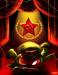  absurdres bolt_action coat commentary_request communism countryball curtains full_body green_coat green_headwear gun hammer_and_sickle hat highres looking_at_viewer military_hat mosin-nagant no_humans peaked_cap red_star rifle sharks_sk_art soviet sovietball spotlight star_(symbol) weapon 
