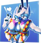 &lt;3 2024 5_fingers anthro anthro_on_anthro antlers bandanna becoming_erect bell bell_harness belly_tuft big_breasts black_eyes black_nose blue_antlers blue_background blue_body blue_eyewear blue_fur blue_glans blue_glasses blue_inner_ear blue_nipples blue_penis blush border breasts crossgender cute_fangs deer exclamation_point eyewear female fingers fur genitals gesture glans glasses grey_body grey_fur half-erect hand_gesture happy_nude_deer harness hi_res hip_grab hooved_fingers hooves horn humanoid_genitalia humanoid_penis hybrid_genitalia hybrid_penis intraspecies kerchief looking_at_another looking_at_viewer looking_down male male/female mammal medial_ring medial_ringed_humanoid_penis mostly_nude mtf_crossgender nipples one_eye_closed open_mouth penis pie_cut_eyes pose pupils purple_bandanna purple_kerchief selfcest simple_background skweekers smile speech_bubble spot_(skweekers) square_crossover thick_thighs tuft v_sign vein veiny_penis white_body white_border white_fur white_pupils wide_hips wink