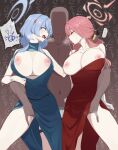  2girls ako_(blue_archive) ako_(dress)_(blue_archive) anger_vein angry aru_(blue_archive) aru_(dress)_(blue_archive) blue_archive blue_dress blue_eyes blue_hair blue_halo blush breasts breasts_out breath cleavage commentary_request demon_horns dress fingering gloves halo heavy_breathing hetero highres horns huge_breasts large_breasts long_hair looking_at_another multiple_girls nipple_slip nipples official_alternate_costume one_breast_out open_mouth pink_hair plunging_neckline pussy_juice reach-around red_dress simple_background sleeveless sleeveless_dress standing sweat translation_request waku2kitchen white_gloves 