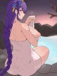  1girl absurdres areola_slip ass back blush breasts cleavage commission commissioner_upload flower genshin_impact hair_flower hair_ornament highres large_breasts long_braid long_hair looking_at_viewer looking_back naked_towel non-web_source onsen parted_lips partially_submerged purple_eyes purple_hair raiden_shogun solo steam sweat towel tree very_long_hair 