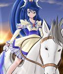  animal arm_warmers bare_shoulders bike_shorts blue_eyes blue_hair butterfly_hair_ornament cure_aqua detached_sleeves dress earrings eyelashes fingerless_gloves gloves hair_ornament happy horse horseback_riding jewelry long_hair looking_at_viewer magical_girl minazuki_karen pecayuya ponytail precure ribbon riding shorts shorts_under_skirt skirt smile solo wide_ponytail yes!_precure_5 