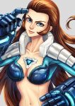  1girl armor bikini blue_eyes breasts brown_hair closed_mouth cyborg genderswap genderswap_(mtf) gloves glowing_clothes hair_slicked_back highres kd_kaewdesu lady_maxima long_hair maxima mechanical_parts no_eyebrows shoulder_pads sideburns smile snk swimsuit the_king_of_fighters the_king_of_fighters_all-stars thick_arms white_armor 