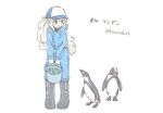  1girl alternate_costume animal animal_name baseball_cap bird black_footwear blue_headwear blue_jacket blue_pants blush_stickers boots bucket commentary fish full_body hat highres holding holding_bucket jacket kagerou_project kozakura_marry long_sleeves looking_at_animal looking_down numbered open_mouth pants pants_tucked_in penguin pink_eyes sa-fu_(sfmk39) simple_background solo standing translated twitter_username two-tone_headwear white_background white_hair white_headwear 