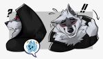 5_fingers anthro black_body black_facial_markings black_fur black_inner_ear black_inner_ear_fluff black_sclera blue_body blue_fur blush death_(puss_in_boots) dreamworks duo fangs fingers fur grey_body grey_fur hi_res hood inner_ear_fluff male multiple_poses pose puss_in_boots_(dreamworks) questioning red_eyes smile solo_focus teeth tuft xkerciax