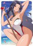  1girl arm_behind_head armpits black_hair blue_sky breasts cleavage cloud collarbone covered_navel earrings falling_petals frilled_one-piece_swimsuit frills gold_choker gold_earrings gold_necklace heart highres holding holding_scepter jdpr jewelry large_breasts long_hair mole mole_on_breast mole_under_eye necklace nijisanji nijisanji_en ocean one-piece_swimsuit one_eye_closed patreon_username petals red_eyes scarle_yonaguni scepter sky solo swimsuit virtual_youtuber white_one-piece_swimsuit 