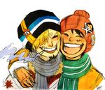  2boys beanie blonde_hair cigarette duo gloves hair_over_one_eye hat jolly_roger knit_cap male male_focus monkey_d_luffy multiple_boys one_piece patch sanji scarf smile smoking striped striped_scarf winter_clothes 