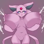anthro areola big_breasts blush bodily_fluids breasts eeveelution espeon female forehead_gem gem generation_2_pokemon genitals hi_res holding_breast huge_breasts hyper hyper_breasts lactating milk navel nintendo nipples nude open_mouth pokemon pokemon_(species) purple_areola purple_body purple_nipples purple_sclera pussy skeletons62 solo white_eyes