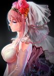  blue_eyes breasts bridal_veil cleavage dress elbow_gloves flower gloves hairband highres impossible_clothes large_breasts long_hair megurine_luka okingjo pink_hair profile simple_background solo veil vocaloid wedding_dress white_dress white_gloves 
